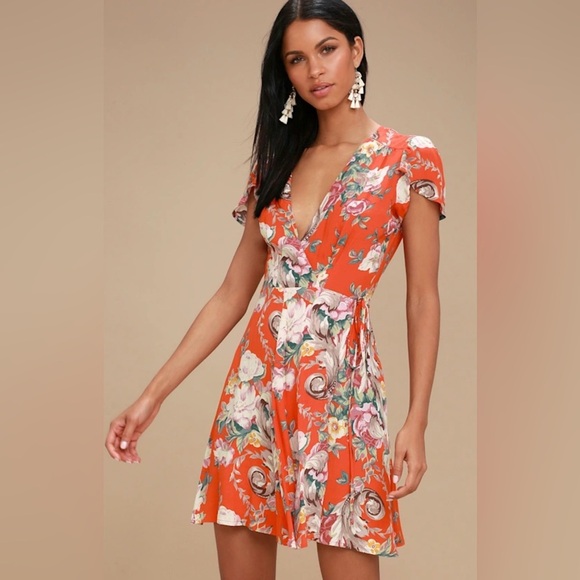 ROLLA'S Dresses & Skirts - Rollas Dancer - Coral Red Dress - Wrap Floral Print Dress - Lulus NEW XS